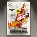 A Whiskey Flyer Template featuring an elegant design with a whiskey glass, ice, and a bottle, set against a warm, dark background with subtle light effects, perfect for a tasting event.