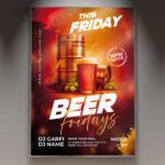 A Beer Fridays flyer template featuring a lively design with frothy beer glasses clinking, festive lights, and bold typography, conveying a celebratory atmosphere for a weekly event.