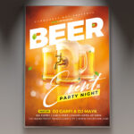 A Beer Party flyer template featuring a lively scene with clinking beer mugs, frothy pints, and festive lights, creating a celebratory atmosphere for an event.