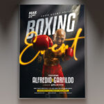 A Boxing Event flyer template showcasing a pair of boxing gloves in a dramatic spotlight, set against a dark, intense background with subtle grit and energy, conveying a powerful fight night.