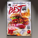 A Burger & Fast Food flyer template featuring a perfectly grilled, juicy burger with fresh toppings, surrounded by crispy fries, set against a vibrant, appetizing background.