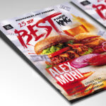 A customizable flyer template designed for food promotions, showcasing bold, hunger-inducing typography and dynamic elements that highlight delicious menu items and special offers.