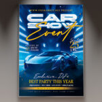 A Car Show flyer template featuring a sleek, shiny classic car under dynamic spotlights, set against a dark background with subtle tire tracks, conveying luxury and power.