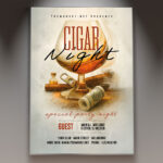 A Cigar Night flyer template featuring a lit cigar with subtle smoke curling upwards, a glass of amber liquid, and a classic humidor, set against a dark, sophisticated background with warm lighting.