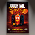 A Cocktail Party flyer template showcasing a vibrant, expertly crafted cocktail with dynamic lighting and a sophisticated, inviting background, perfect for a refined event.