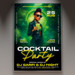 A Cocktail Party Night flyer template showcasing a sophisticated martini glass with a vibrant drink, dynamic light reflections, and a blurred, upscale background, ideal for an evening event.