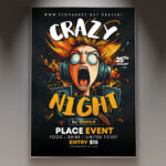 A Crazy Night flyer template featuring abstract neon light streaks and energetic silhouettes against a dark background, conveying a vibrant and wild party atmosphere.