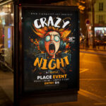 An electrifying and attention-grabbing invitation template, ready for personalization for a "Crazy Night," promising an unforgettable evening of music, dancing, and unrestrained celebration.