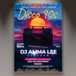 A Disco 90s flyer template featuring a shimmering disco ball with vibrant neon lights, abstract geometric shapes, and silhouettes of dancing figures, evoking a retro party.