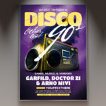 A Disco 90s flyer template featuring a vibrant scene with a shimmering disco ball, neon lights, and bold geometric patterns, evoking a retro dance party atmosphere.