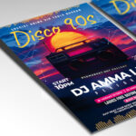 A customizable flyer template designed for 90s throwback events, showcasing bold, nostalgic typography and dynamic visual effects that capture the energetic and colorful spirit of the era.