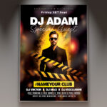 A DJ Event Party flyer template featuring a silhouette of a DJ at a console, surrounded by explosive neon lights and a dynamic crowd, conveying an immersive club atmosphere.
