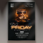 A DJ Friday Party flyer template featuring a dynamic scene with bright neon lights, a DJ console, and abstract sound waves, creating an electric club atmosphere perfect for the weekend.