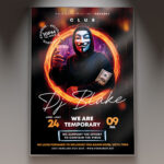 A DJ Party Event flyer template featuring a dynamic scene with bright neon lights, a DJ console, and abstract sound waves, creating an electric club atmosphere.