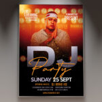A DJ Party flyer template featuring a silhouette of a DJ at turntables with vibrant neon lights and pulsating sound waves, creating an energetic club atmosphere.