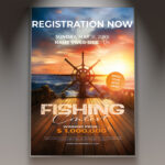 A Fishing Contest flyer template featuring a serene lake scene with a fishing rod silhouetted against a setting sun, evoking peace and competitive spirit.