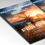 A customizable flyer template designed for angling tournaments, showcasing a jumping fish, water ripples, and clear, bold typography to highlight event details and prizes.