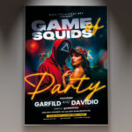 A "Game of Squids" flyer template featuring a dark, suspenseful background with the iconic masked guard figures and geometric shapes in red and black, suggesting a thrilling event.