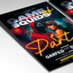 A customizable flyer template designed for events inspired by "Squid Game," showcasing a stark, distressed aesthetic and bold typography that evokes the show's mysterious and high-stakes atmosphere.
