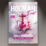 A Hookah Event flyer template featuring an elegantly designed hookah pipe with swirling smoke, set against a backdrop of soft, inviting mood lighting, conveying a relaxed and sophisticated atmosphere.