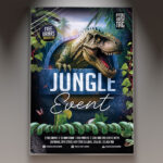 A Jungle Event flyer template featuring dense tropical foliage, a subtle ancient ruin, and glowing light effects, conveying a mysterious and adventurous party atmosphere.