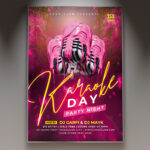 A Karaoke Day flyer template featuring a microphone under a spotlight, surrounded by vibrant musical notes and abstract light patterns, conveying a lively singing event.
