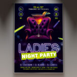 A Ladies Night flyer template featuring a vibrant, sparkling background with a glamorous cocktail glass, dynamic lights, and elegant silhouettes, conveying a fun party atmosphere.