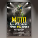A Moto Cross flyer template featuring a dirt bike rider in mid-air over a jump, with a cloud of dust and dynamic motion blur, conveying high-speed action and adrenaline.