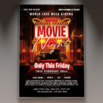 A Movie Night flyer template featuring a classic cinema theme with a popcorn bucket, soda, and a film reel against a dark, star-filled background, evoking a cozy screening.