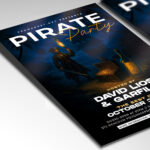A customizable flyer template designed for themed pirate events, showcasing rustic textures, bold, weathered typography, and classic pirate iconography for an authentic feel.
