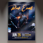 A Rock Event flyer template featuring a dynamic stage setting with an electric guitar and powerful spotlights, set against a dark, smoky background, perfect for a live concert.