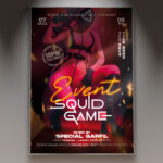 A Squid Game Event flyer template with a dark, ominous background, featuring the iconic masked guard figures and geometric shapes in red and black, conveying suspense and mystery.