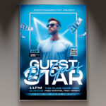 A Star DJ flyer template featuring a silhouette of a DJ commanding a stage with pulsating light beams and abstract sound waves, creating an electric concert atmosphere.