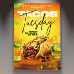 A Tacos Tuesday flyer template featuring an assortment of delicious, freshly prepared tacos with vibrant toppings, set against a festive background with bold, appealing typography.