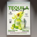 A Tequila Event flyer template featuring a stylish tequila bottle, fresh limes, and salt, set against a vibrant, festive background with subtle agave plant motifs, conveying a lively party.