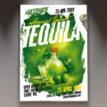 A Tequila Party flyer template featuring a vibrant, festive scene with a prominent tequila bottle, fresh limes, and salt, against a dynamic background hinting at a lively celebration.