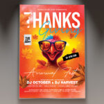 A Thanksgiving Party flyer template featuring a rustic-style table with a festive roasted turkey, autumn leaves, and pumpkins, conveying a warm and traditional holiday dinner.