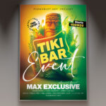 A Tiki Bar flyer template showcasing a colorful, exotic cocktail with a garnish, surrounded by lush palm leaves and a carved tiki mask, evoking a tropical island party.
