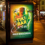 An inviting and attention-grabbing invitation template, ready for personalization for a "Tiki Bar" event, promising an unforgettable escape to paradise with delicious drinks and a festive atmosphere.