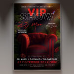 A VIP Show flyer template featuring a dark, luxurious background with shimmering gold accents, subtle spotlights, and an elegant, bold "VIP" text, conveying exclusivity and prestige.