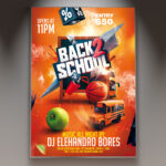 A Back 2 School 2026 flyer template featuring school supplies like notebooks and pencils, set against a dynamic and colorful background with subtle light effects, conveying an energetic party atmosphere.