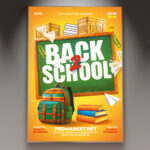 A Back 2 School Event flyer PSD template featuring school supplies like notebooks and pencils, set against a dynamic and colorful background with subtle light effects, conveying an energetic party atmosphere.