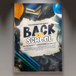 A Back 2 School Event flyer template featuring school supplies like notebooks and pencils, set against a dynamic and colorful background with subtle light effects, conveying an energetic party atmosphere.