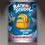 A Back 2 School flyer PSD template featuring school supplies like notebooks and pencils, set against a dynamic and colorful background with subtle light effects, conveying an energetic party atmosphere.