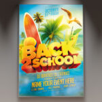 A Back 2 School Party flyer template featuring school supplies like notebooks and pencils, set against a dynamic and colorful background with subtle light effects, conveying an energetic party atmosphere.