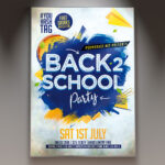 A Back 2 School Party flyer PSD template featuring school supplies like notebooks and pencils, set against a dynamic and colorful background with subtle light effects, conveying an energetic party atmosphere.