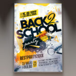 A Back-to-School 2025 flyer template featuring school supplies like notebooks and pencils, set against a dynamic and colorful background with subtle light effects, conveying an energetic party atmosphere.