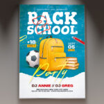 A Back-to-School Event flyer PSD template featuring school supplies like notebooks and pencils, set against a dynamic and colorful background with subtle light effects, conveying an energetic party atmosphere.