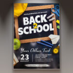 A Back-to-School Event flyer template featuring school supplies like notebooks and pencils, set against a dynamic and colorful background with subtle light effects, conveying an energetic party atmosphere.
