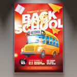 A Back-to-School flyer PSD template featuring school supplies like notebooks and pencils, set against a dynamic and colorful background with subtle light effects, conveying an energetic party atmosphere.